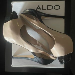 Aldo Beige and Black Platform Peep Toe Pumps